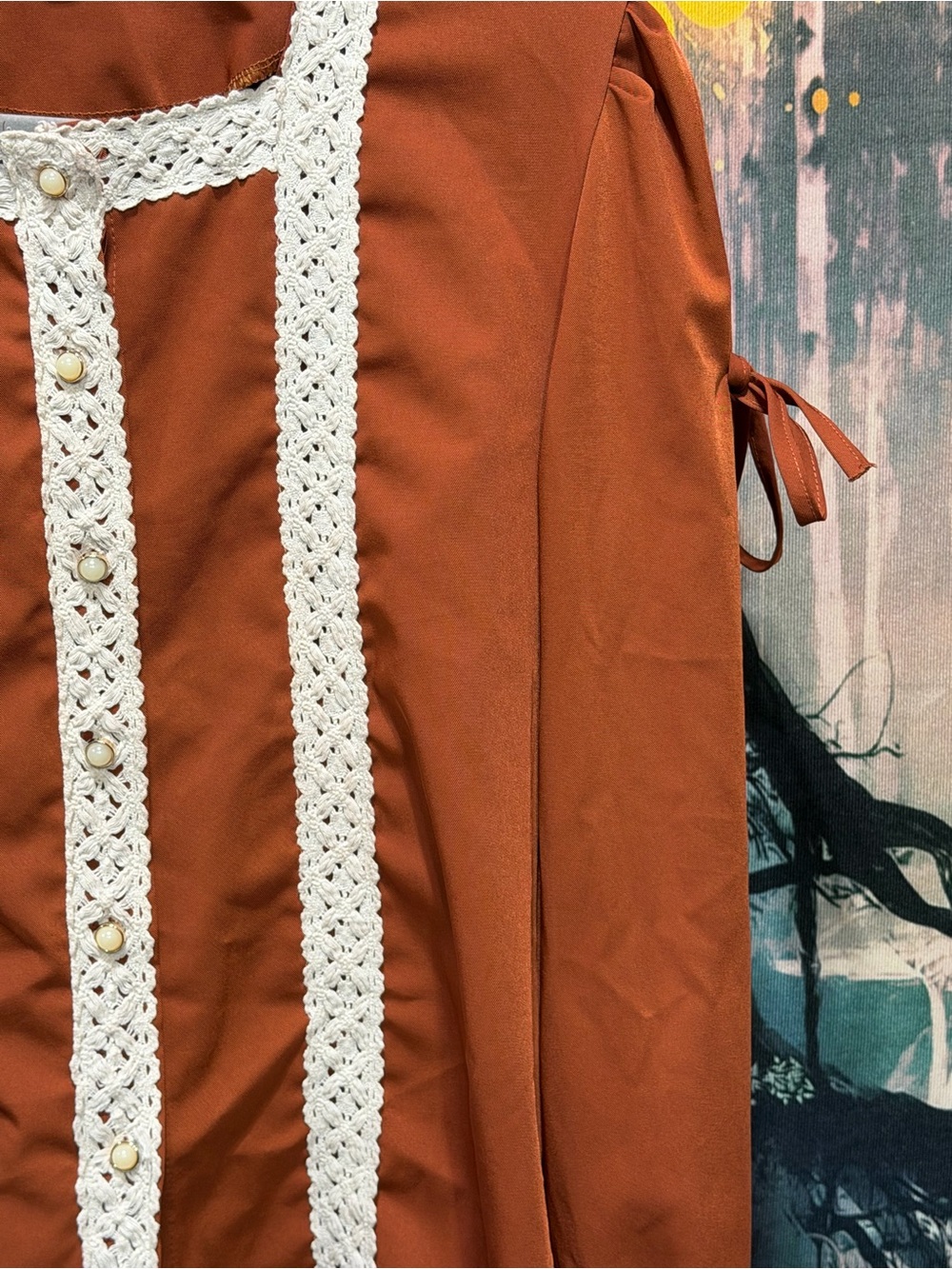 By Malene Beauty Rust Boho Crochet Trim Pearl Button Blouse - Picture 6 of 10